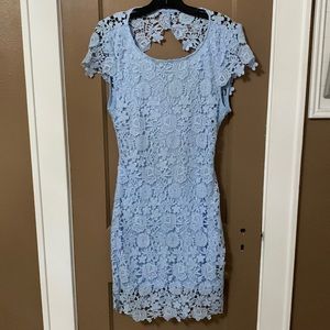 Light baby blue ladies crochet lace backless dress wedding size M medium NEW